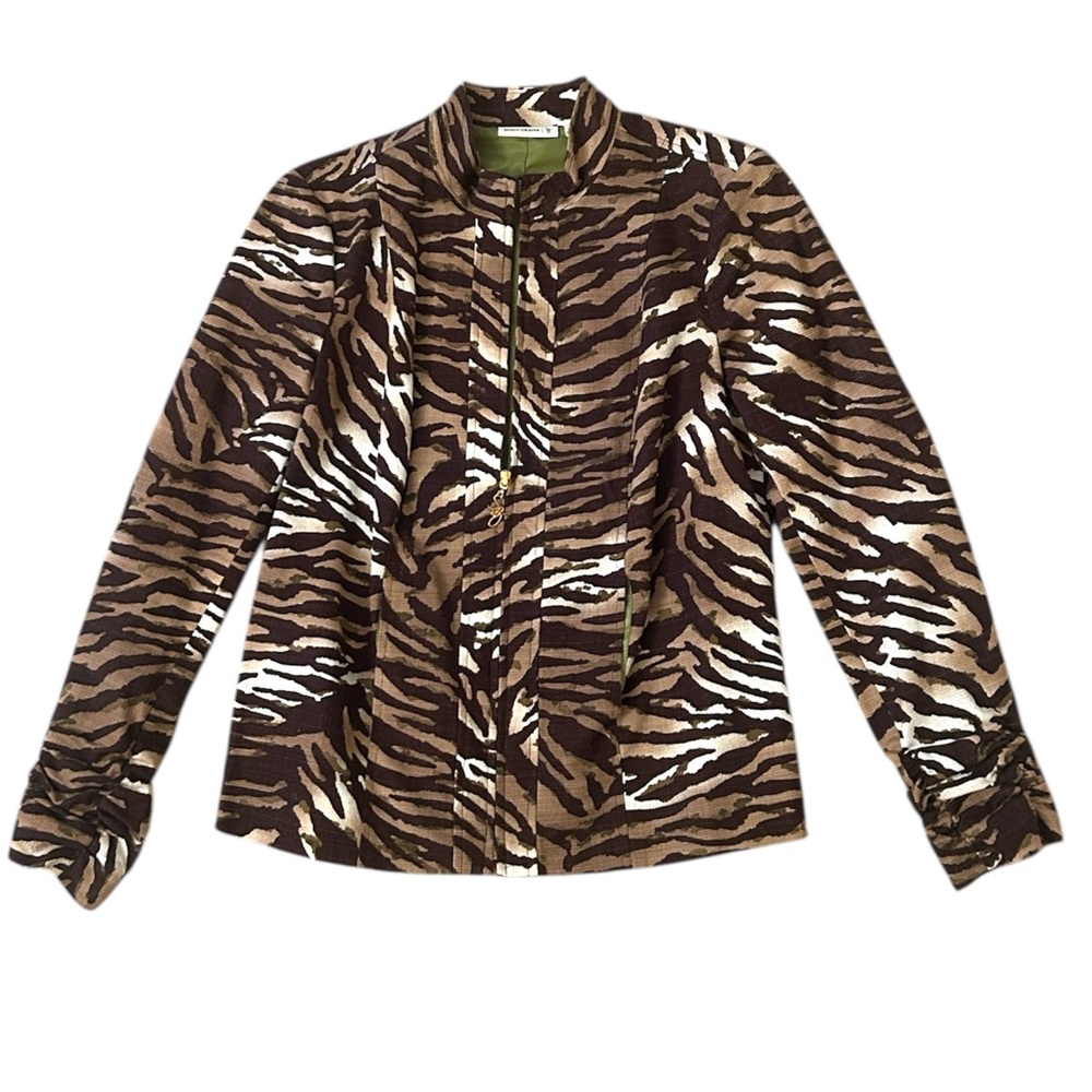 Susan Graver Brown Green Animal Zebra Print Lined Blazer Zip-Up Size XS